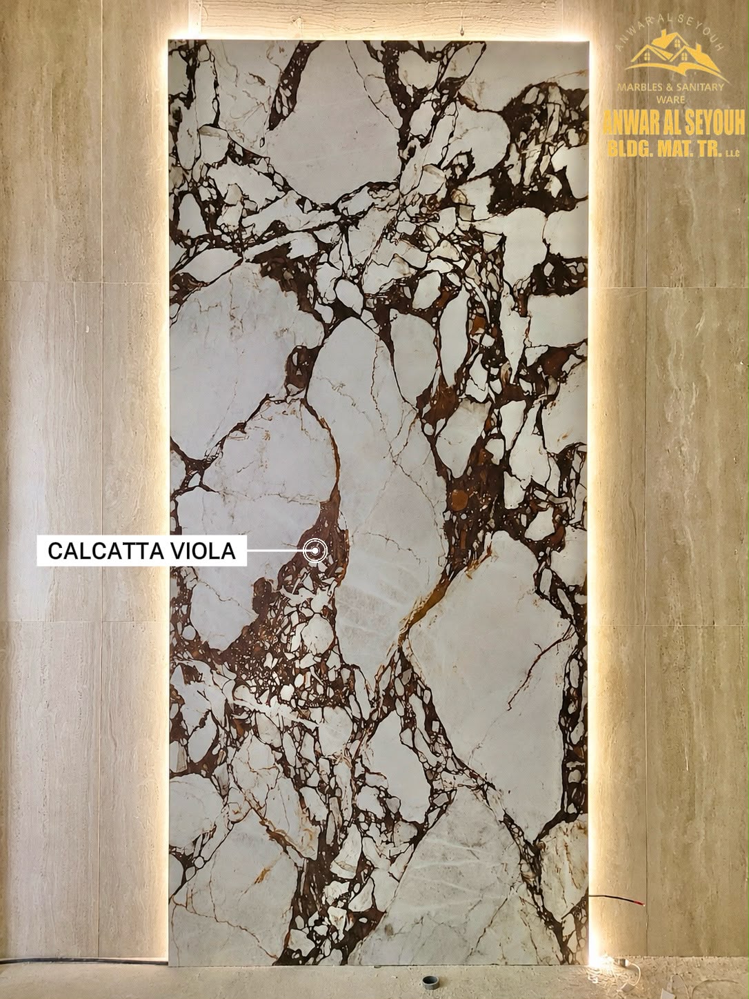 Backlit Calacatta Viola marble feature wall in Sharjah