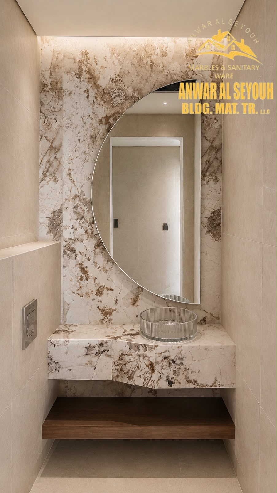 Powder room with a marble counter, fluted glass basin and a half-moon mirror against a backlit marble wall