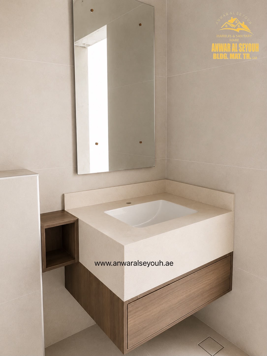 Cream stone vanity with an undermount basin, an upstand, a wooden drawer and an open cube shelf